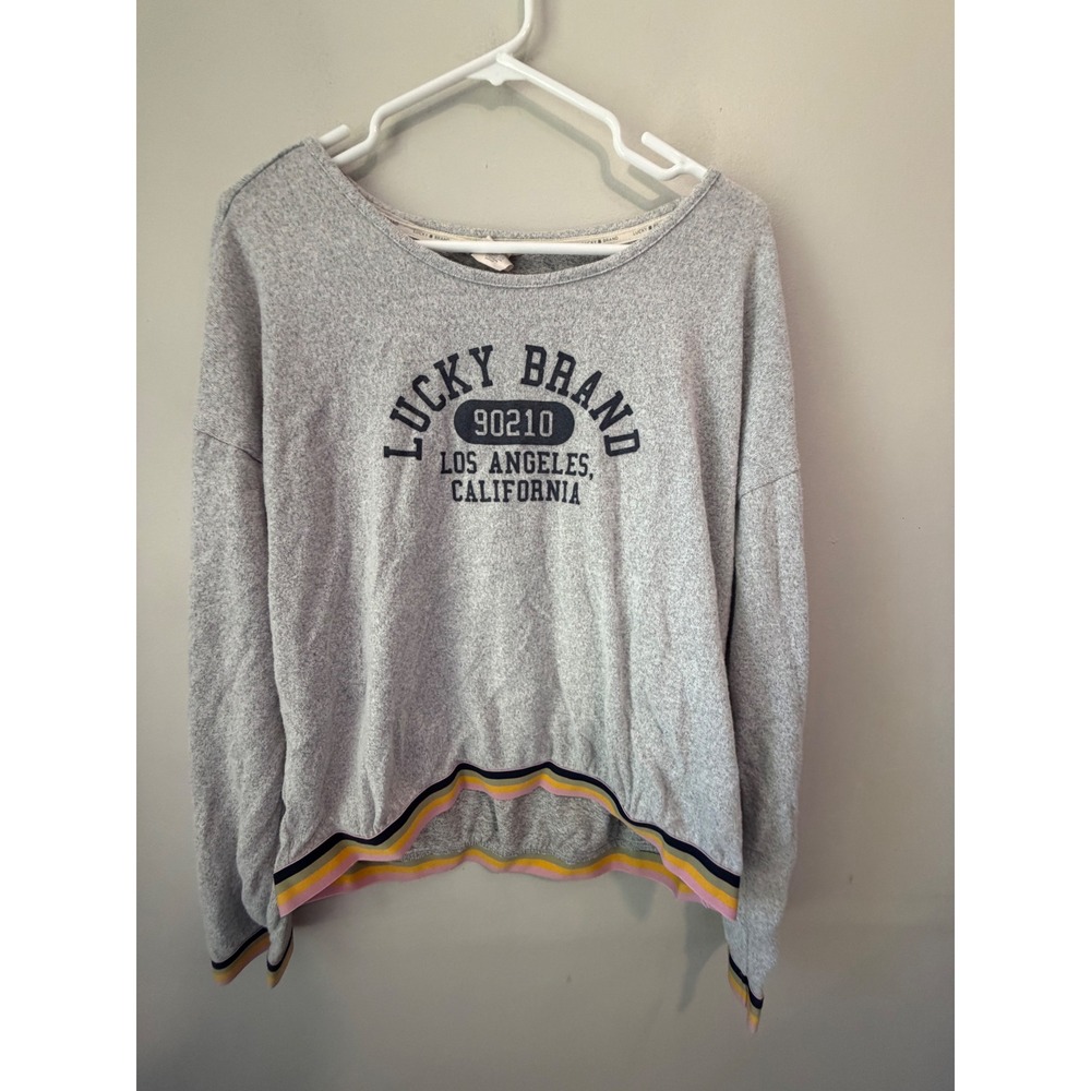 Lucky Brand Womens Gray 90210 Los Angeles Graphic Sweatshirt Striped Trim M